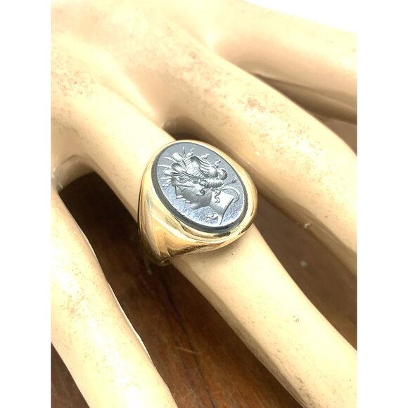 Hematite Cocktail Signet Ring 10k Gold Estate Jewelry Vintage Unisex Size 9 - Picture 6 of 14